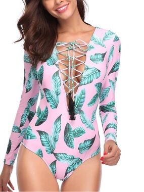 Marinavida Long Sleeve Pink Tropical Leaf Women's Swimsuit with Lace-Up Front